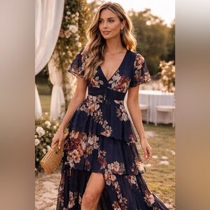 Lulus Navy Floral Tiered Maxi Dress Flutter Sleeve Romantic Boho Wedding Guest